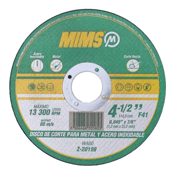 Disco para corte de metal y acero inoxidable 4-1/2" MIMS