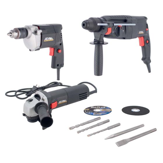 Kit de Rotomartillo SDS Plus + Esmeriladora + Taladro/rotomartillo 11557 Adir