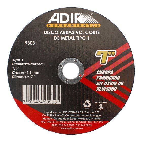Disco abrasivo 7" x 1.8 mm para corte de metal 9303 Adir