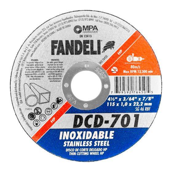 Disco para corte de acero inoxidable 4-1/2" DCD-701 Fandeli