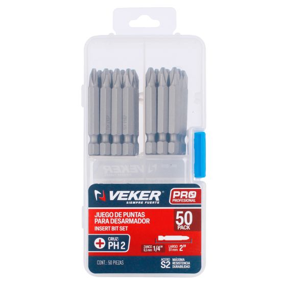 Puntas Phillips PH2 para desarmador de 2" con 50 piezas 12374 Veker