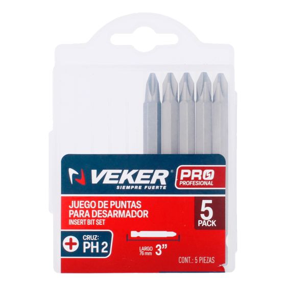 Puntas Phillips PH2 para desarmador de 3" con 5 piezas 12375 Veker