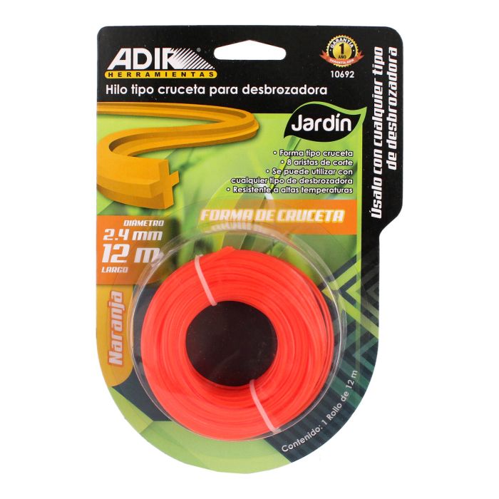 Hilo tipo cruceta para desbrozadora 2.4 mm x 12 metros naranja 10692 Adir