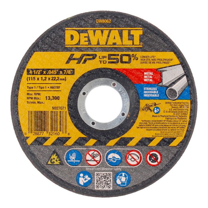 Disco de Corte Metal Fino y Acero Inoxidable 4-1/2" DW8062 DeWalt