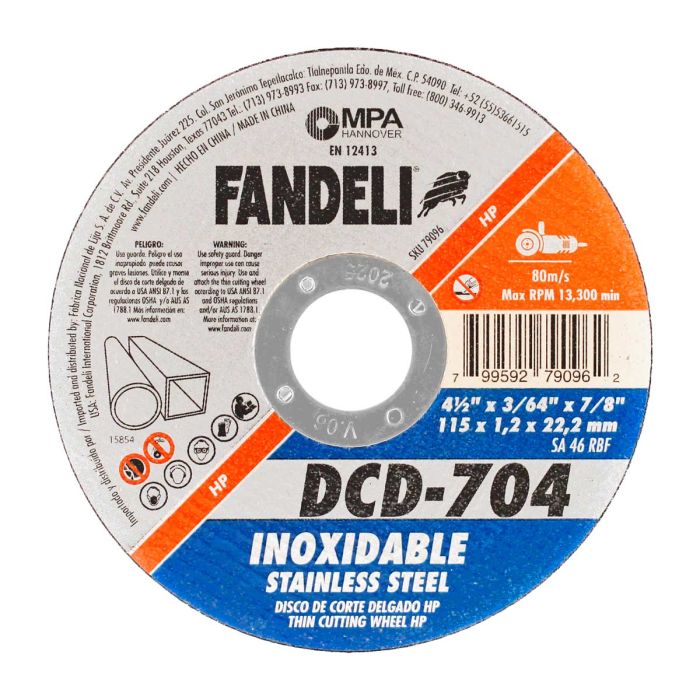 Disco para corte de metal y acero inoxidable 4-1/2" DCD-704 Fandeli