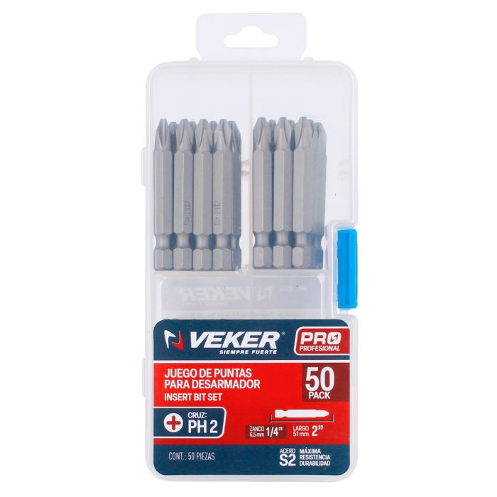 Puntas Phillips PH2 para desarmador de 2" con 50 piezas 12374 Veker
