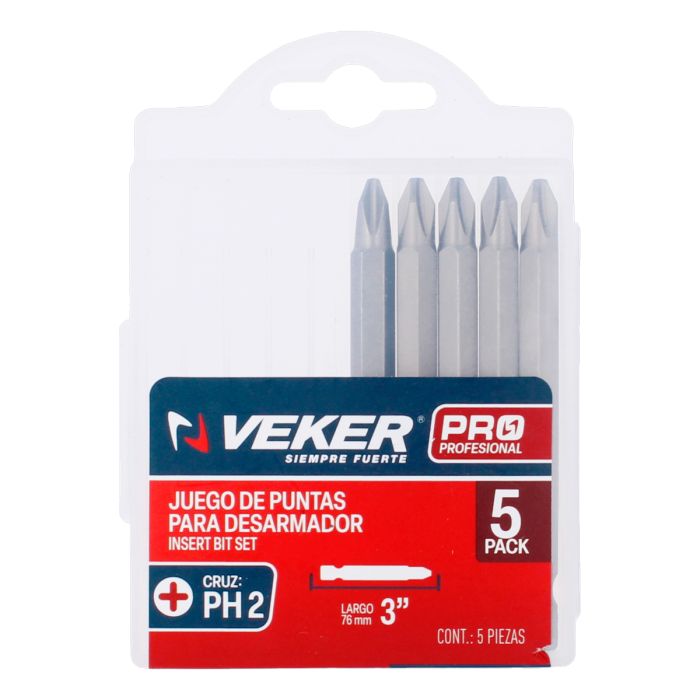 Puntas Phillips PH2 para desarmador de 3" con 5 piezas 12375 Veker