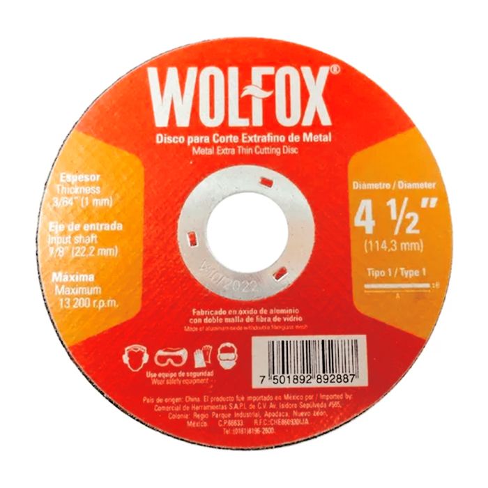 Disco para corte extrafino de metal 4-1/2" Tipo 1 WF0699 Wolfox